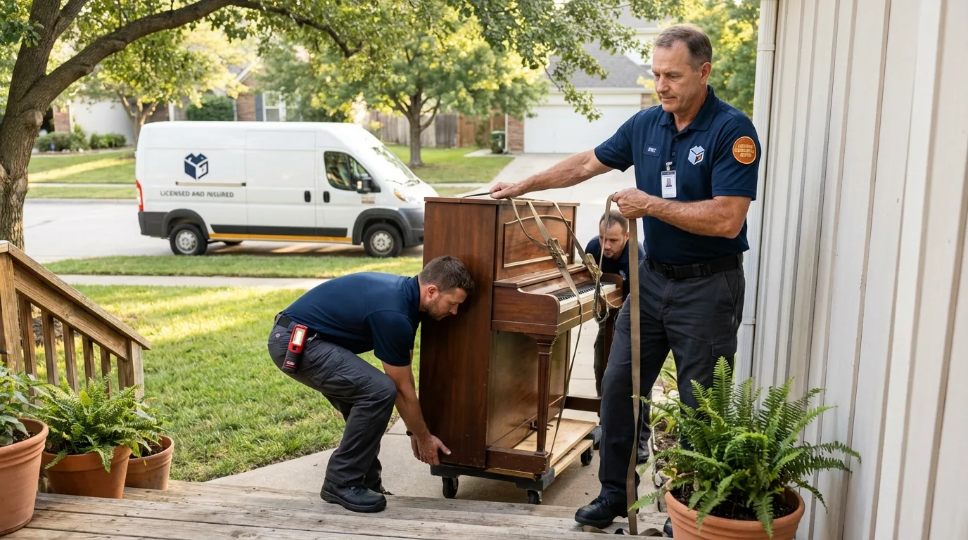 Licensed piano movers securing grand piano in Sabetha, KS