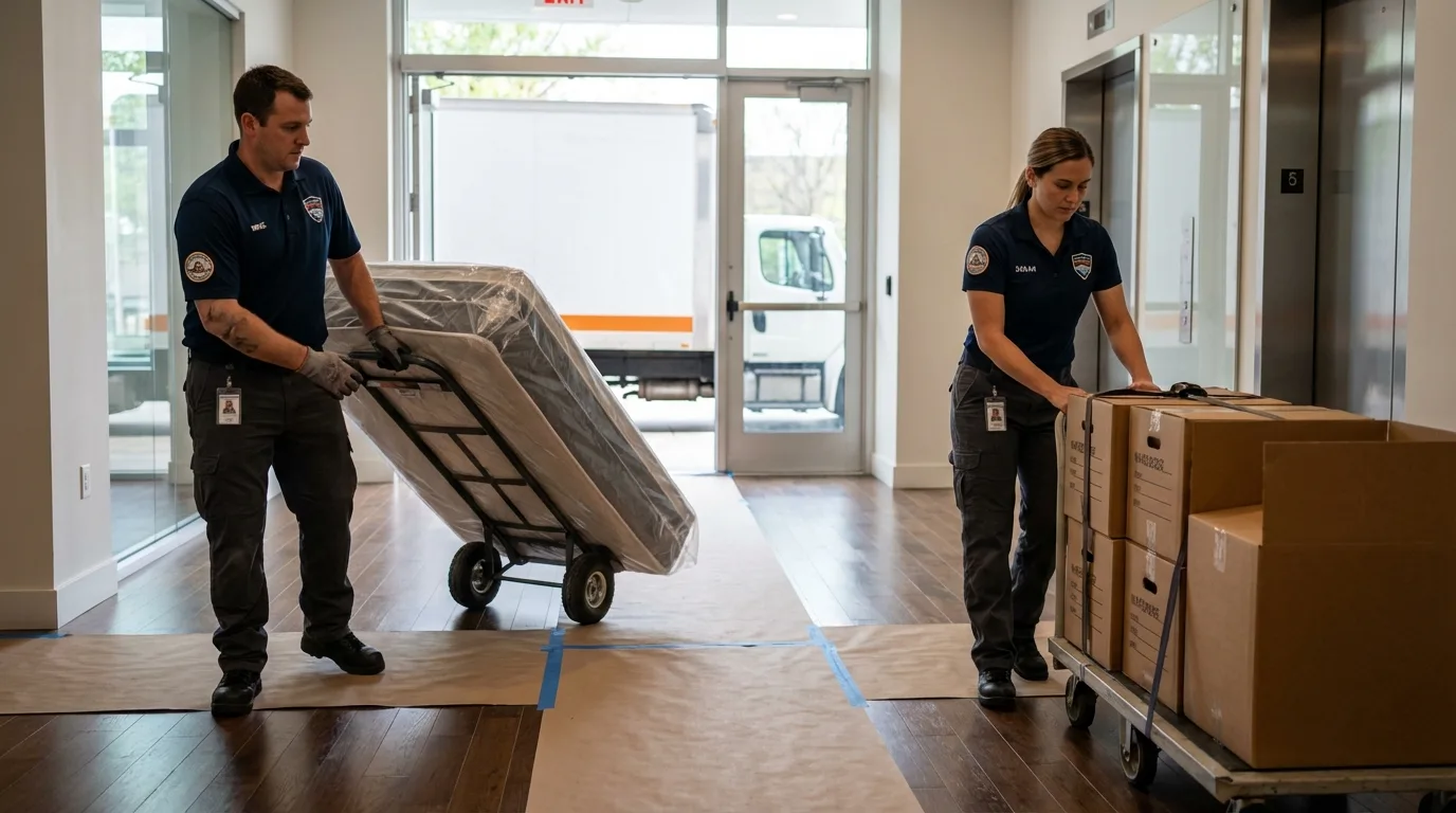 Professional apartment movers loading elevator in Sabetha, KS